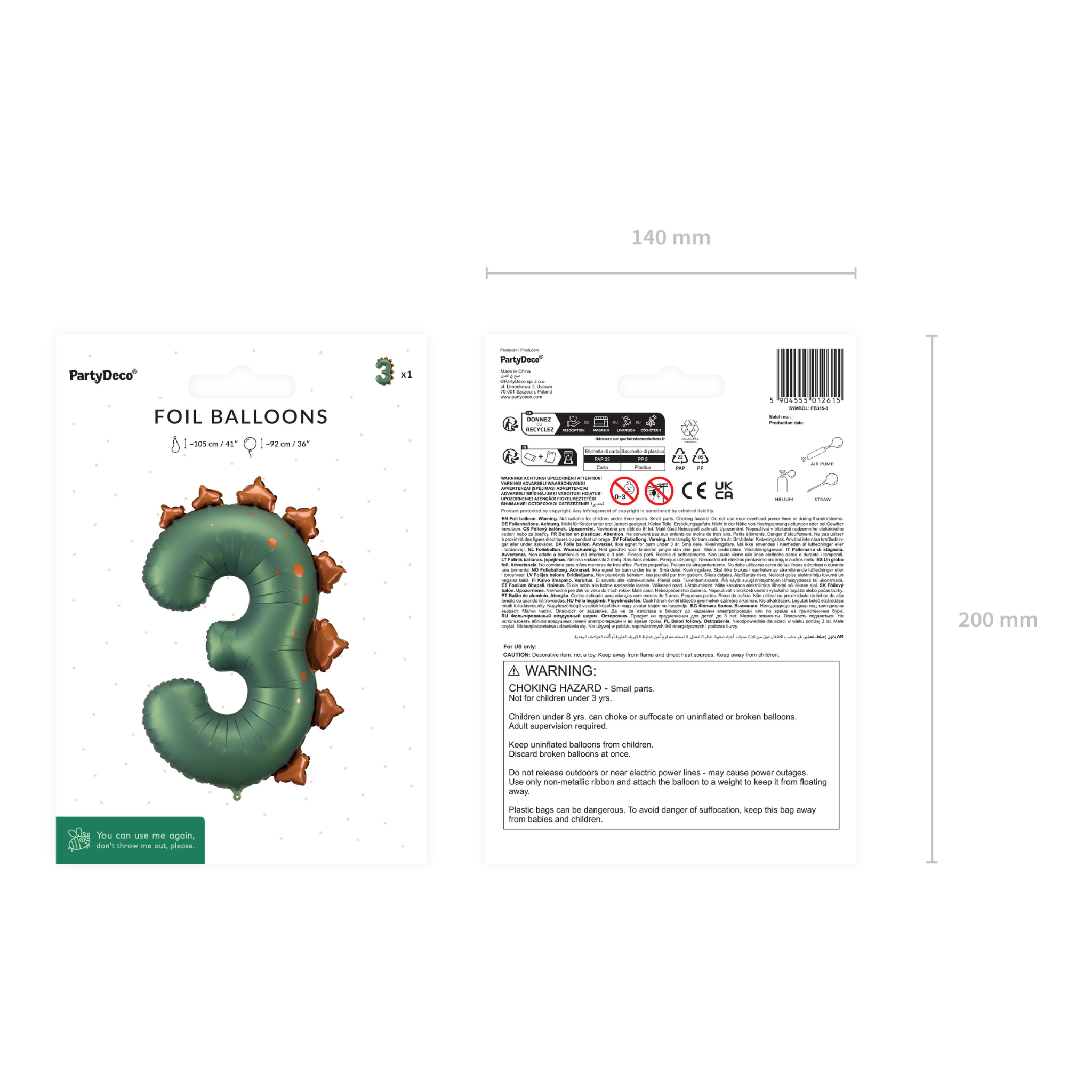 Folienballon Zahl 3 Dinosaurier -hey-Party.de- Folienballons -#Variante_