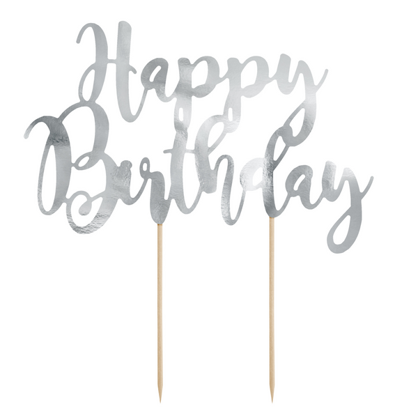 Caketopper „Happy Birthday“ Silber -hey-Party.de- Cupcake- und Kuchen-Topper -#Variante_