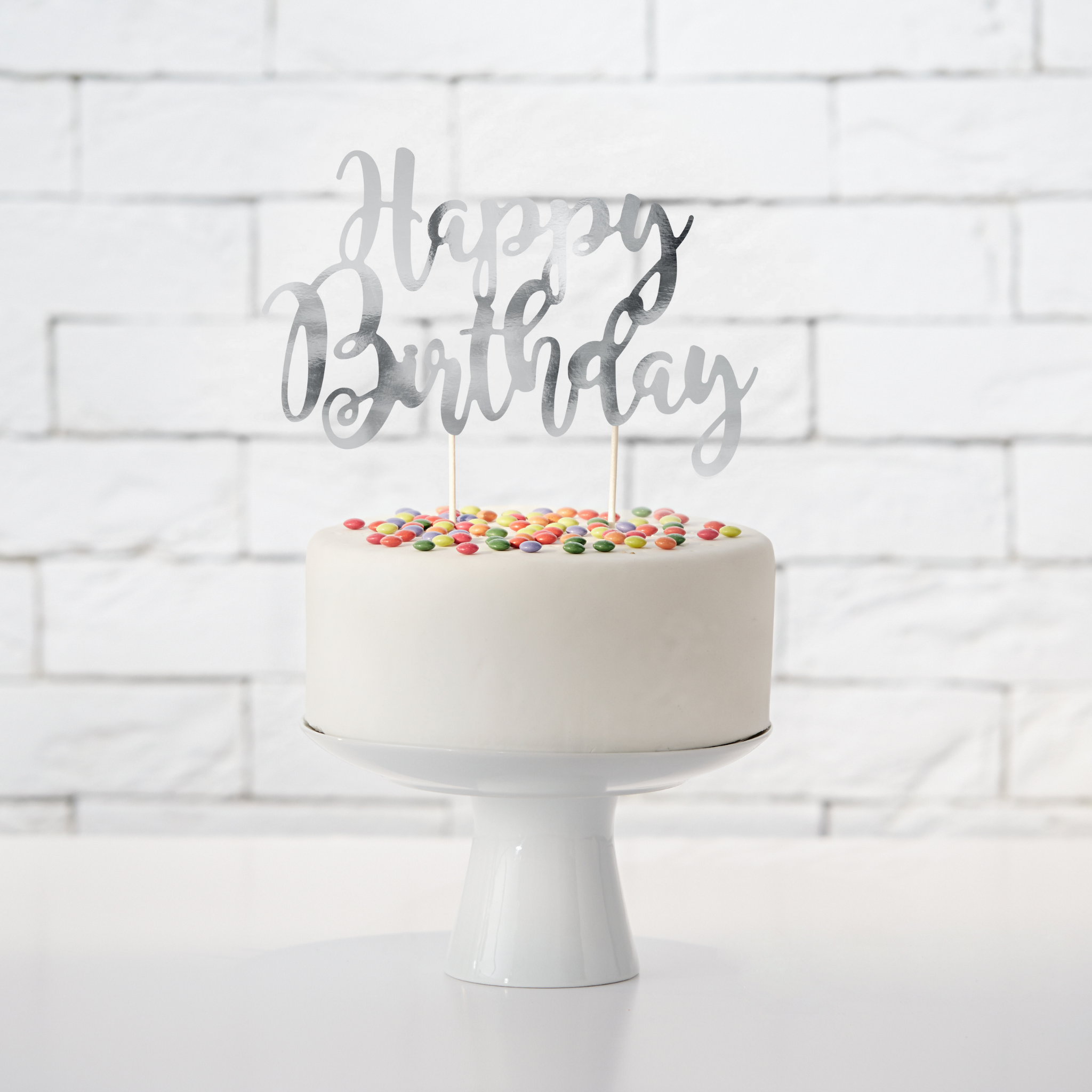 Caketopper „Happy Birthday“ Silber -hey-Party.de- Cupcake- und Kuchen-Topper -#Variante_