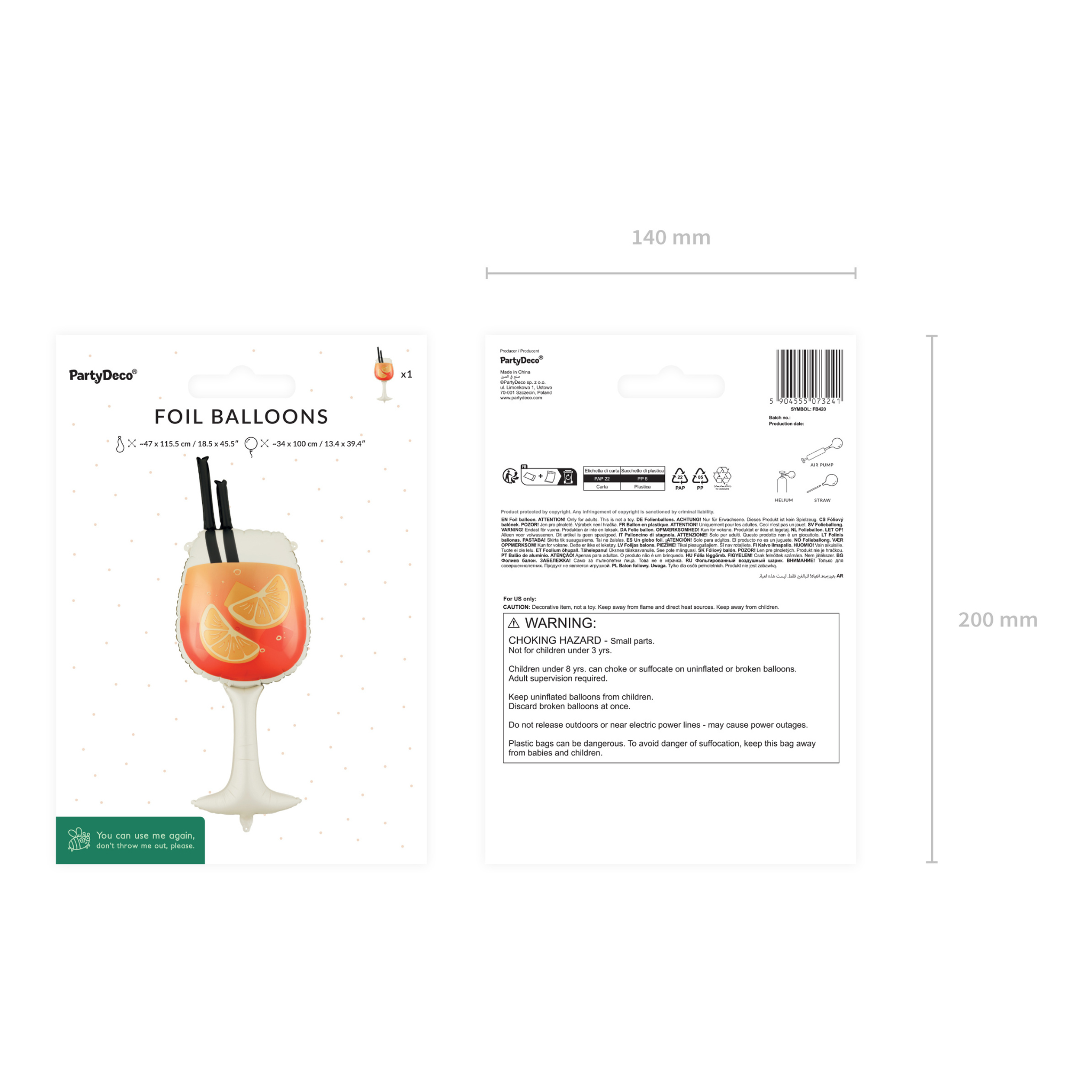 Folienballon Aperitiv Drink, Orange, ca. 34x100 cm