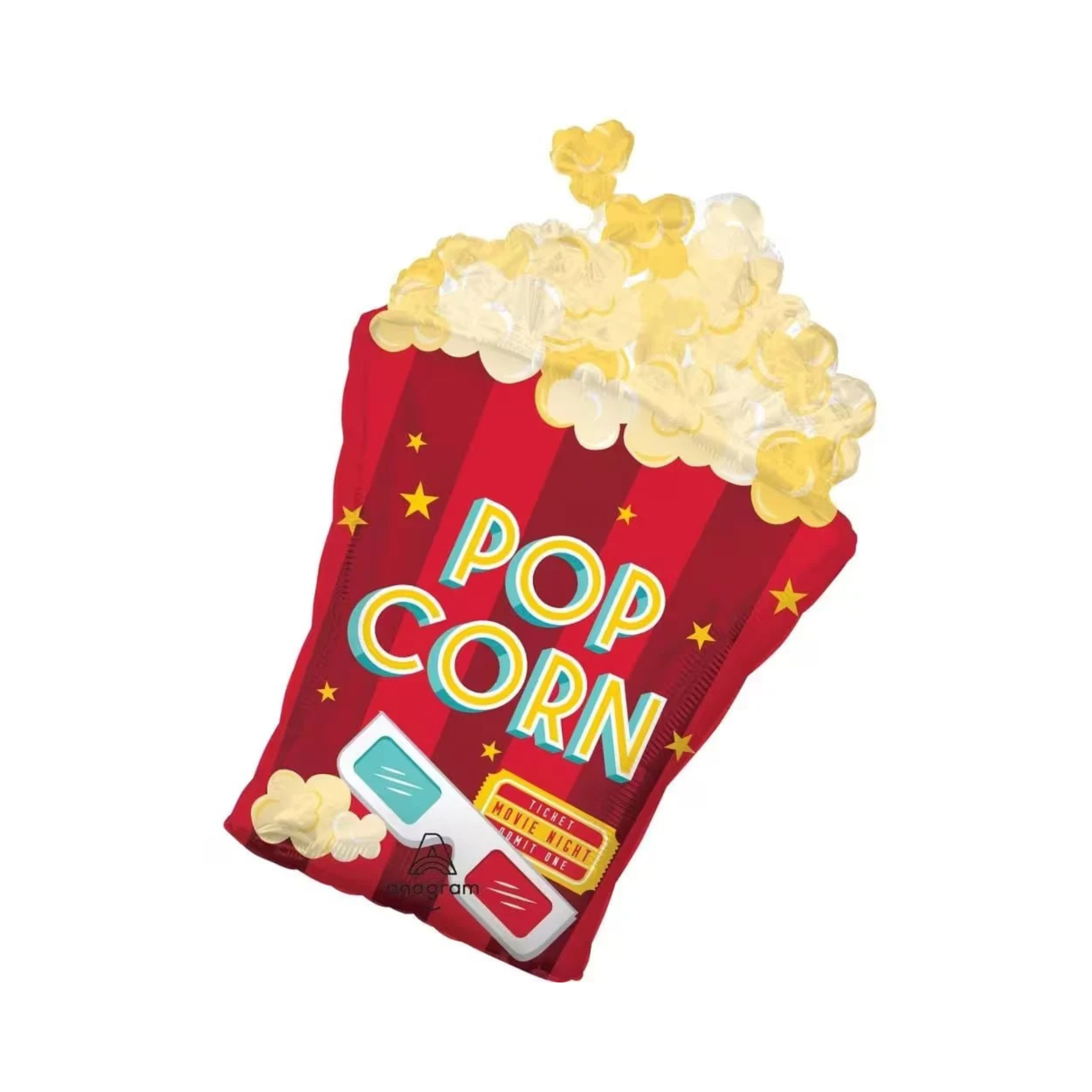 Folienballon Popcorn Movie Night, Rot, ca. 48 x 114 cm