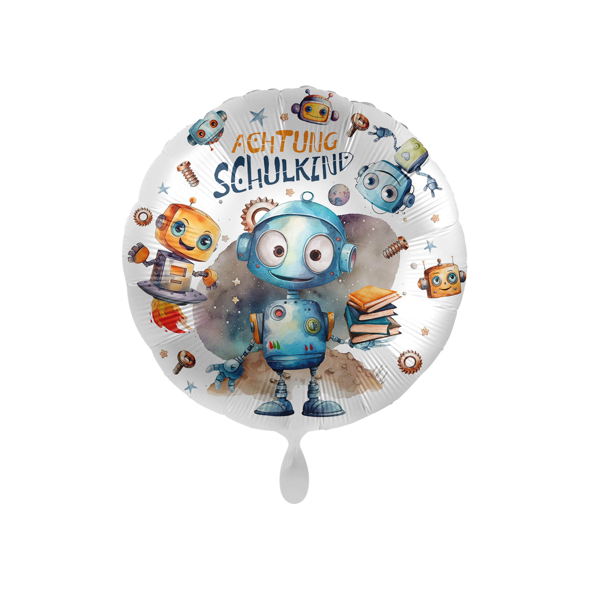 Folienballon rund "Achtung Schulkind" Roboter -hey-Party.de- Folienballons -#Variante_