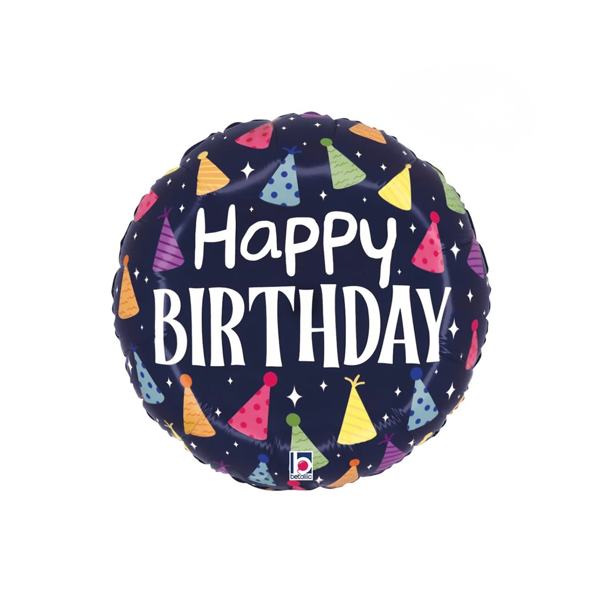Folienballon Rund Happy Birthday Partyhütchen, Dunkelblau, ca. 35 cm