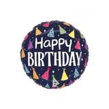 Folienballon Rund Happy Birthday Partyhütchen, Dunkelblau, ca. 35 cm