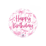 Folienballon Rund "Happy Birthday" Schleifen Rosa, ca. 35 cm
