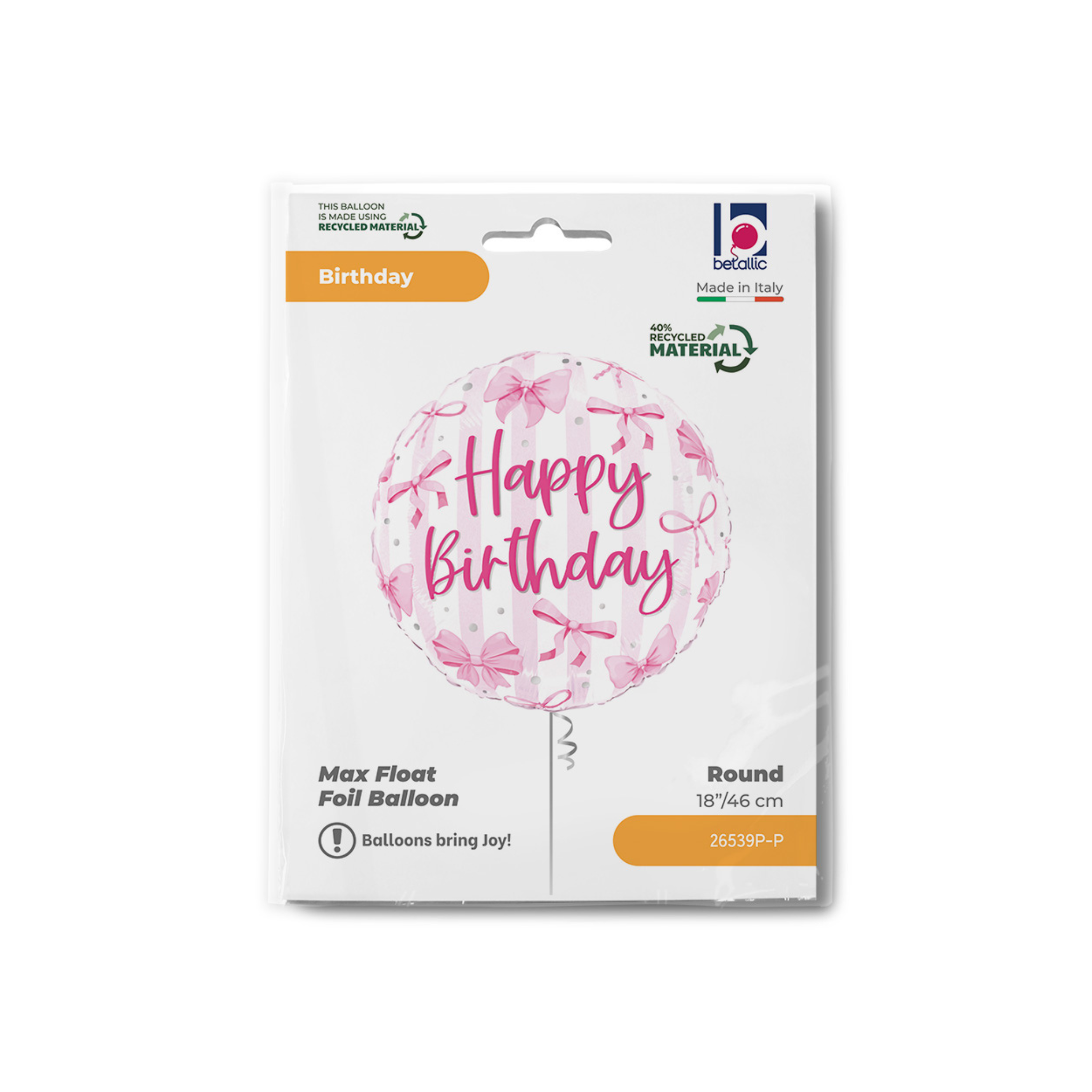 Folienballon Rund "Happy Birthday" Schleifen Rosa, ca. 35 cm