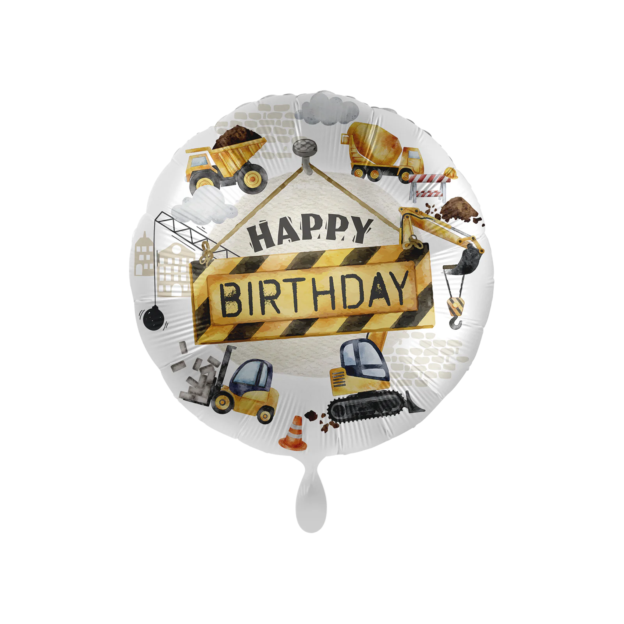 Folienballon rund "Happy Birthday" Baustelle, ca. 35 cm