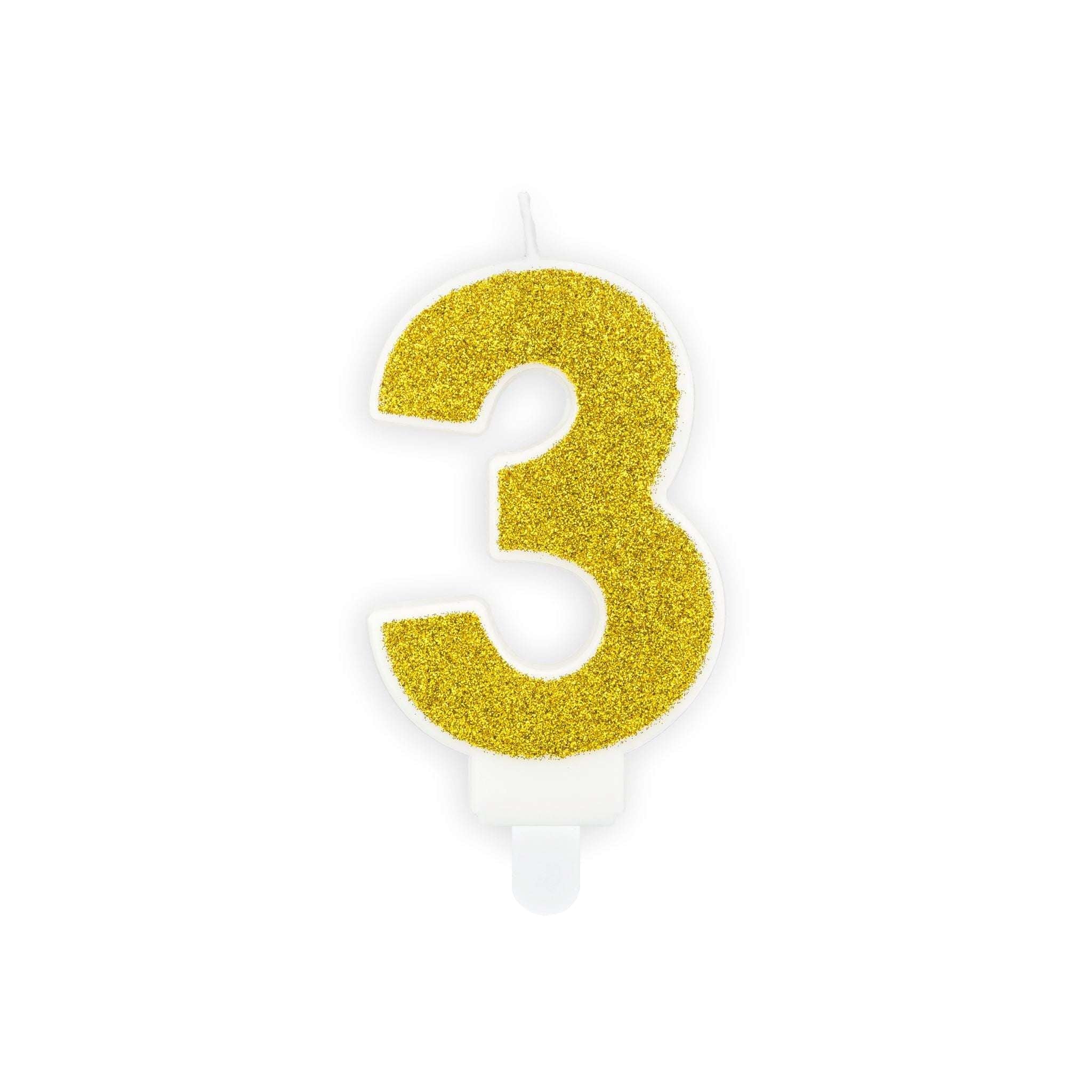 Zahlenkerze Glitzer Gold -hey-Party.de- Zahlenkerzen -#Variante_ Zahl 3