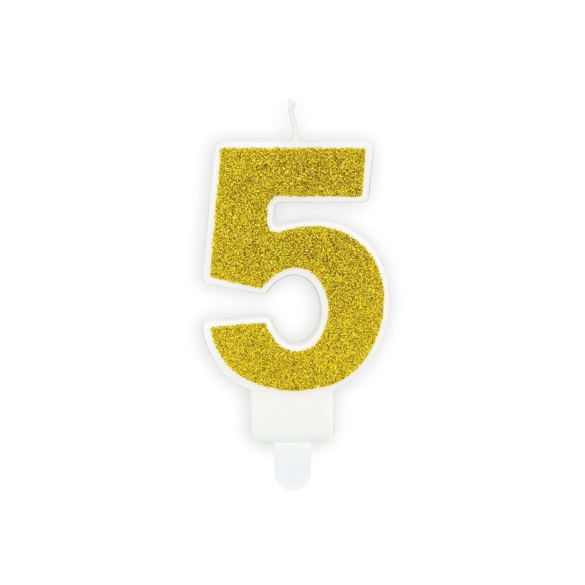 Zahlenkerze Glitzer Gold -hey-Party.de- Zahlenkerzen -#Variante_ Zahl 5