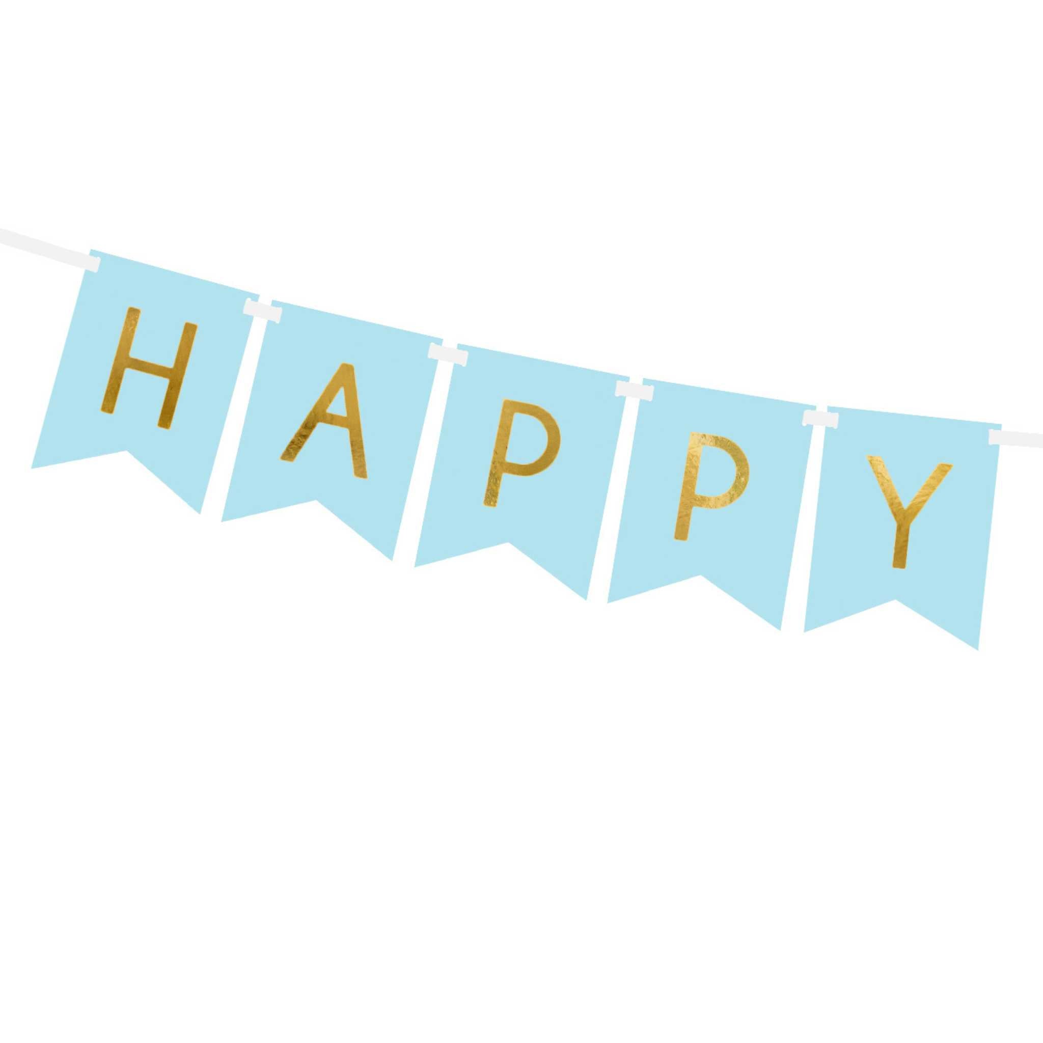 Girlande Wimpel "Happy Birthday" Hellblau & Gold -hey-Party.de- Girlanden -#Variante_