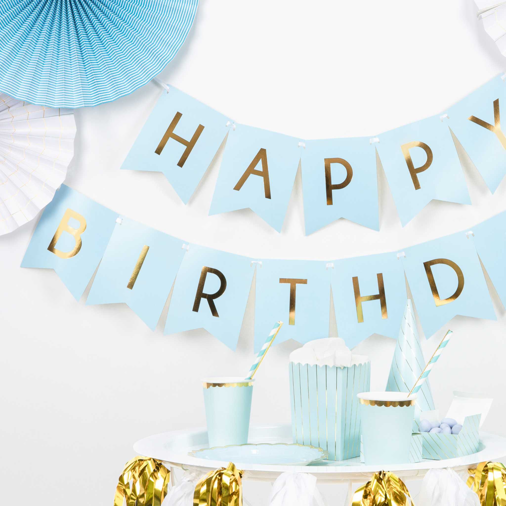 Girlande Wimpel "Happy Birthday" Hellblau & Gold -hey-Party.de- Girlanden -#Variante_