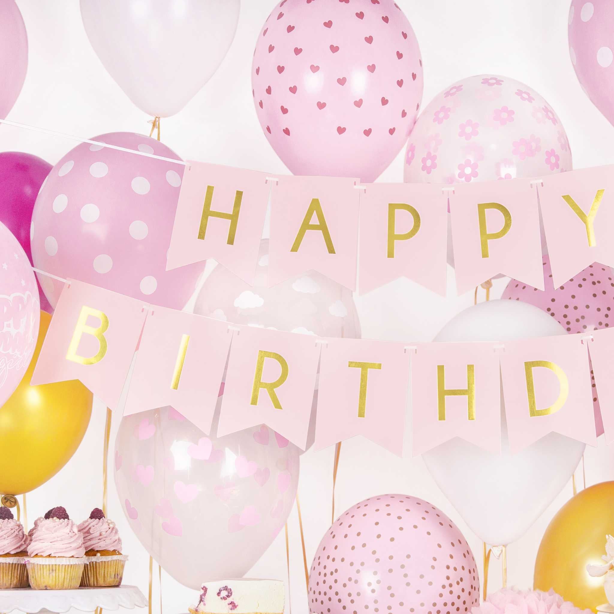 Girlande Wimpel "Happy Birthday" Rosa & Gold -hey-Party.de- Girlanden -#Variante_