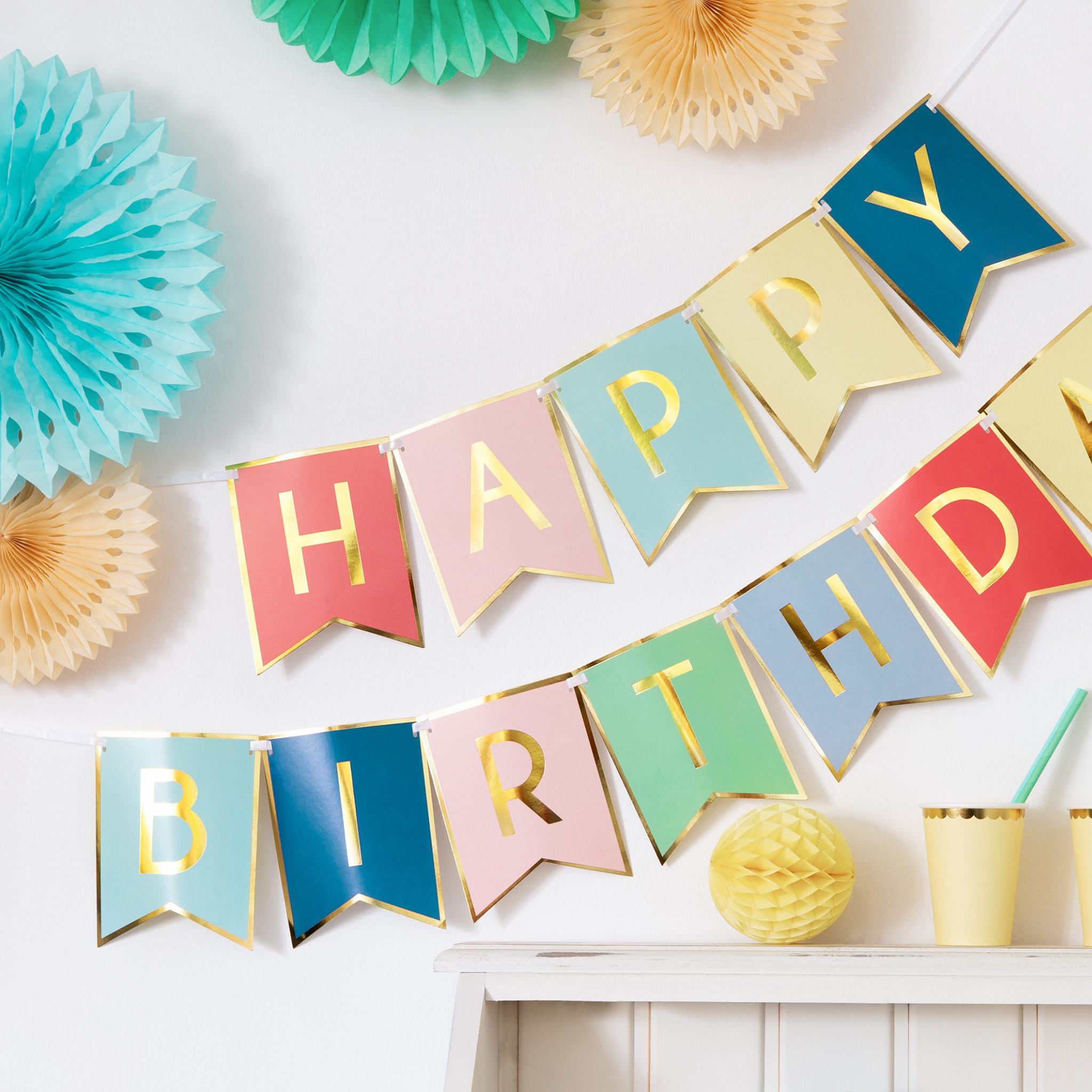 Girlande "Happy Birthday" Bunt & Gold -hey-Party.de- Girlanden -#Variante_