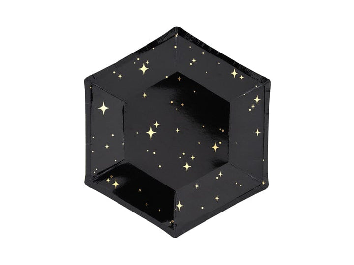Pappteller Sechseck mit Sternen, 20 cm, schwarz, 6 Stück Pappteller Hey Party