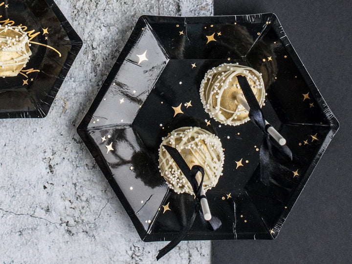 Pappteller Sechseck mit Sternen, 20 cm, schwarz, 6 Stück Pappteller Hey Party