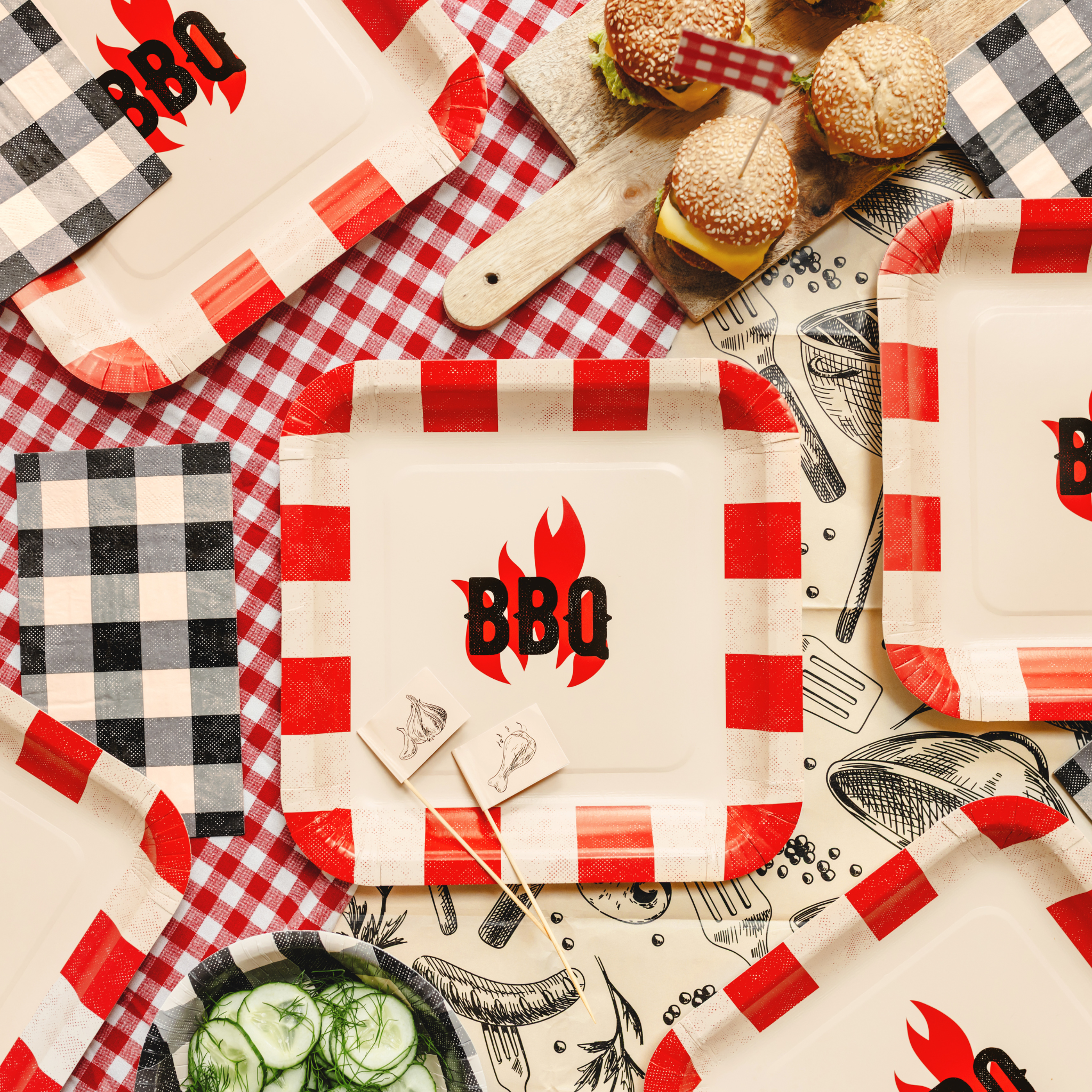 Pappteller Quadrat BBQ, Rot, ca. 26x26 cm