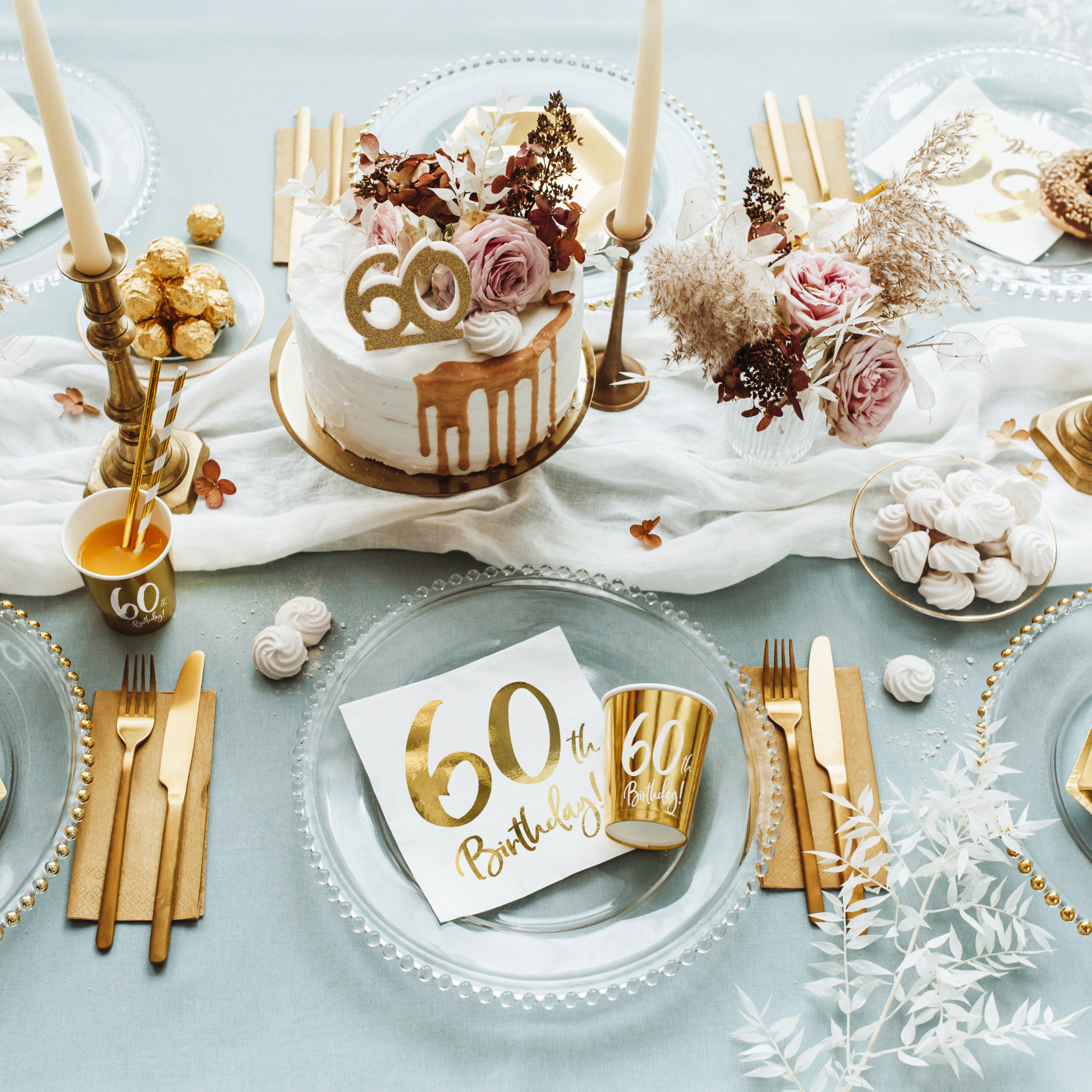 Servietten "60th Birthday" Weiß & Gold -hey-Party.de- Servietten -#Variante_