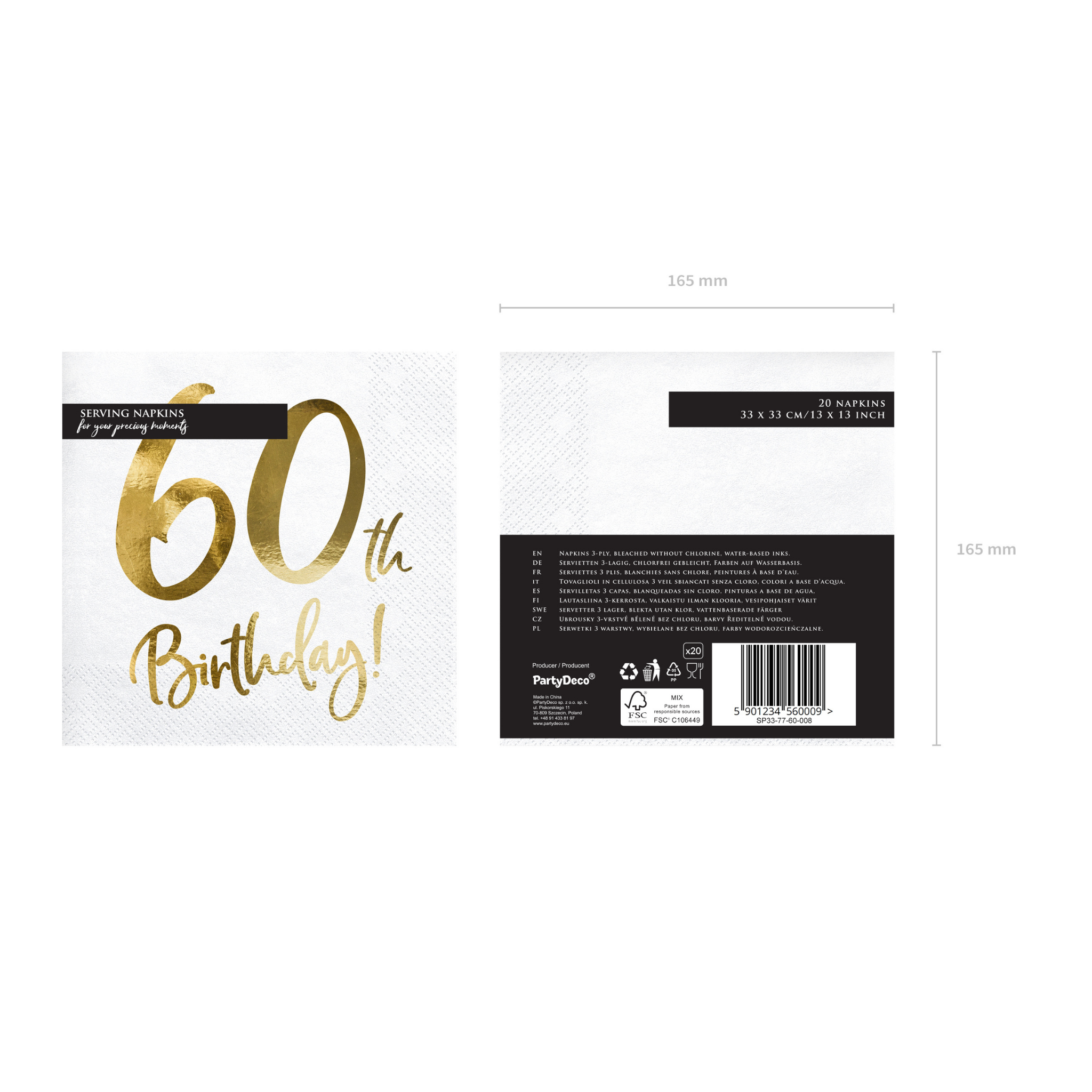 Servietten "60th Birthday" Weiß & Gold -hey-Party.de- Servietten -#Variante_