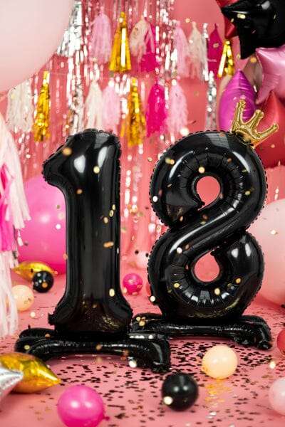 Stehender Folienballon Zahl "18" mit Krönchen, 84 cm, schwarz Folienballons Hey Party