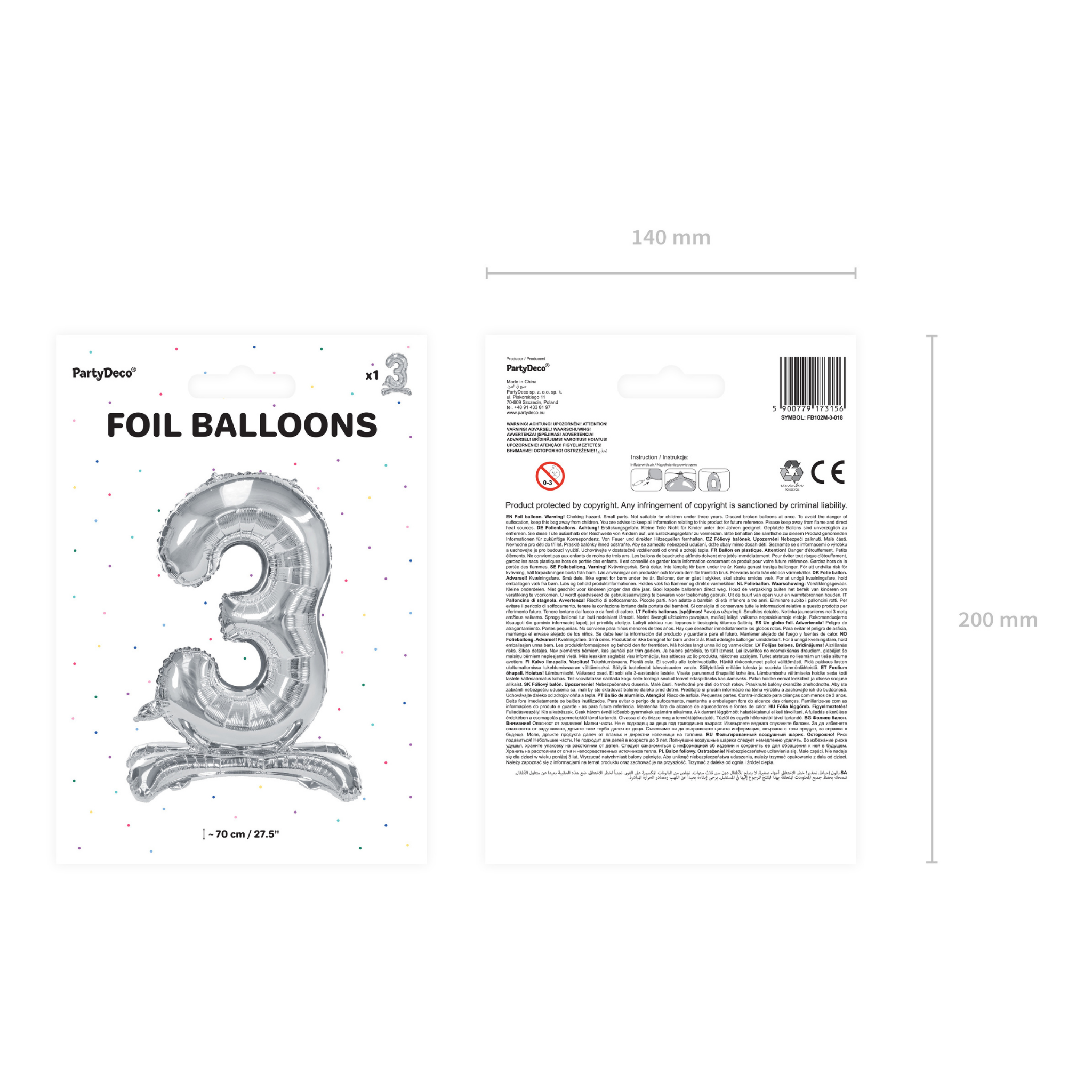 Stehender Folienballon Zahl silber -hey-Party.de- Folienballons -#Variante_ Zahl 3