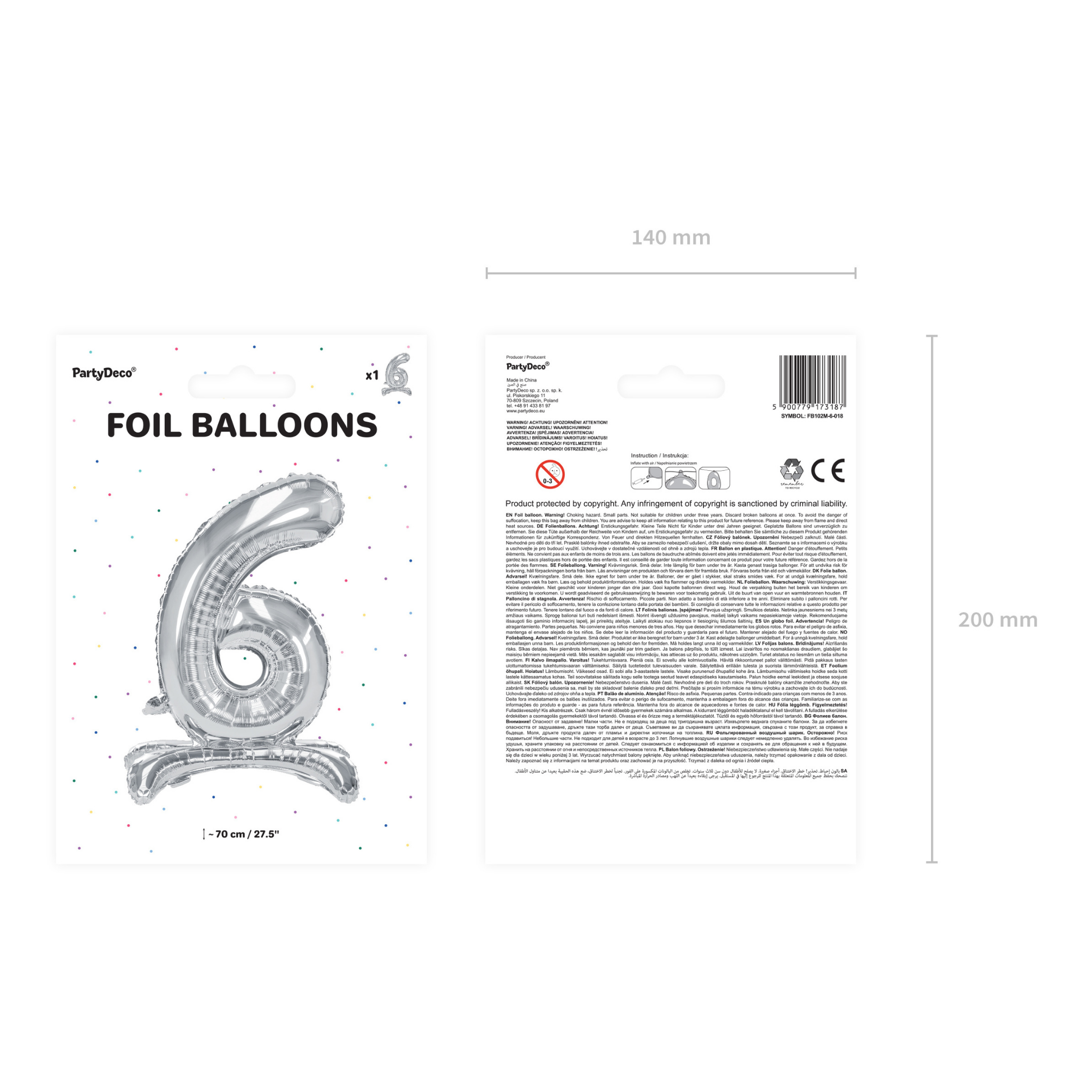 Stehender Folienballon Zahl silber -hey-Party.de- Folienballons -#Variante_ Zahl 6