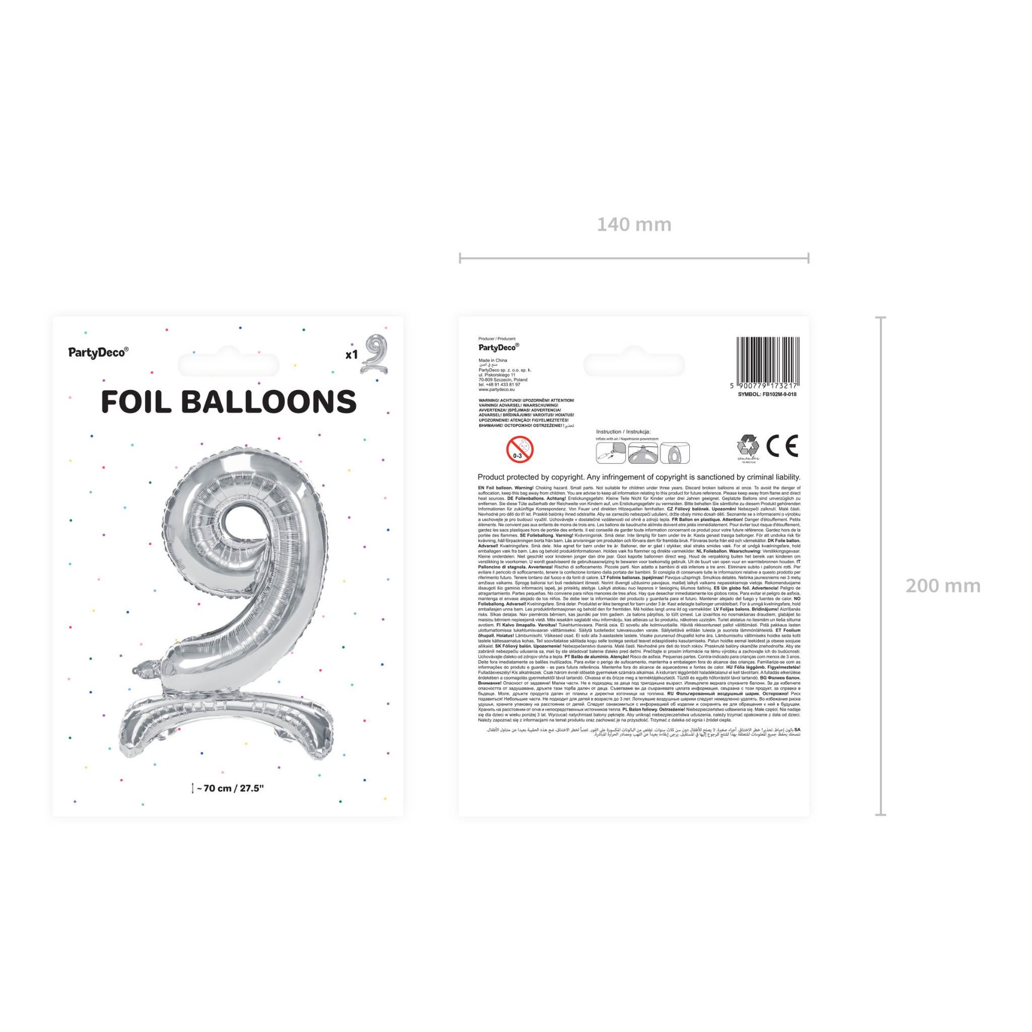 Stehender Folienballon Zahl silber -hey-Party.de- Folienballons -#Variante_ Zahl 9