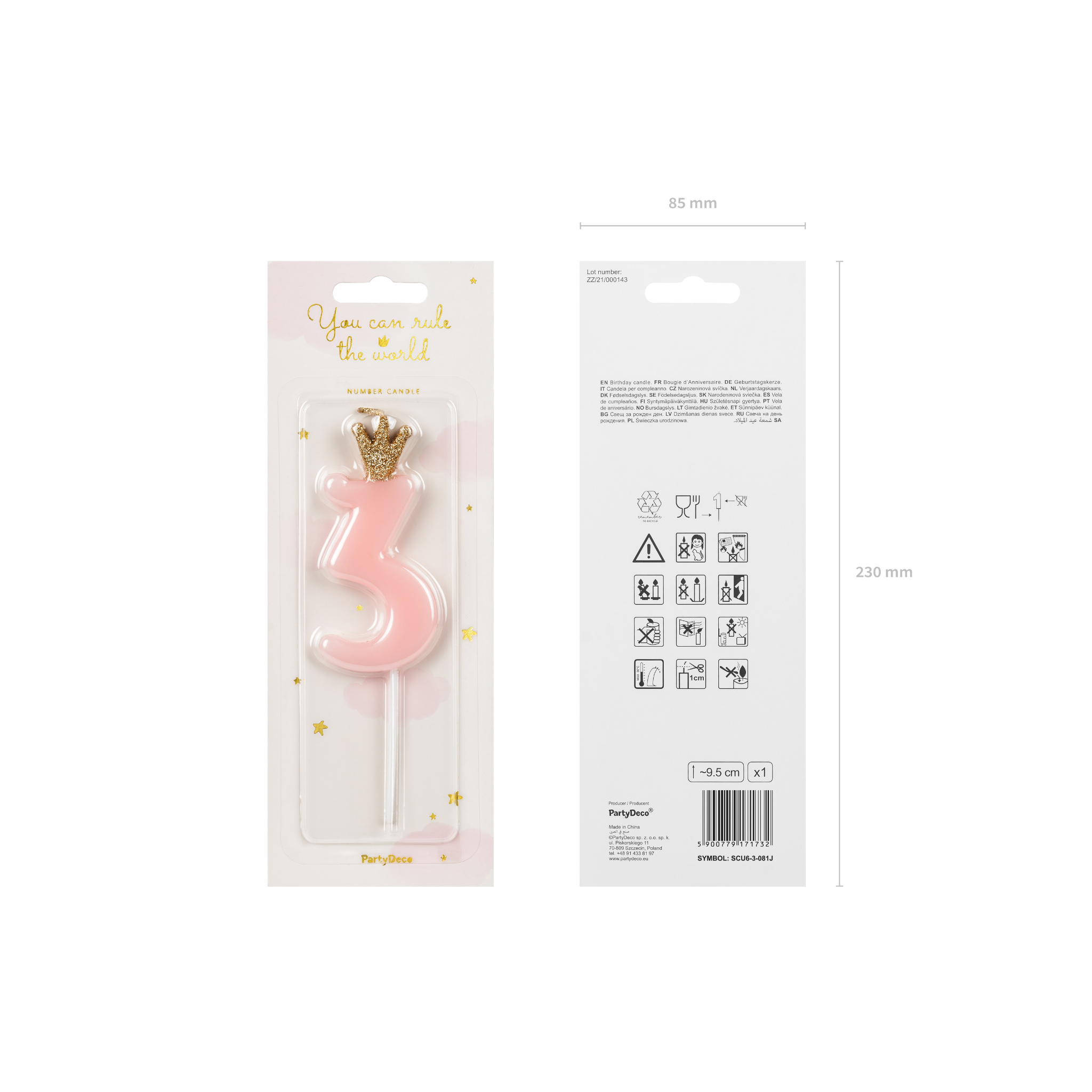 Zahlenkerze Rosa mit Krönchen -hey-Party.de- Zahlenkerzen -#Variante_Zahl 3