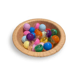 Befüllbare Kugeln bunt, 28 mm, im Pappteller schräg von der Seite